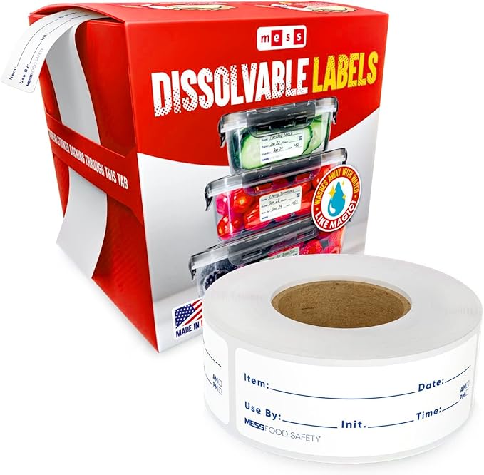MESS Dissolvable Food Labels, 1x3, 200/Roll - Dissolves in 30 Seconds or Less - Removable Mason Jar Labels – Freezer, Canning & Kitchen Organization