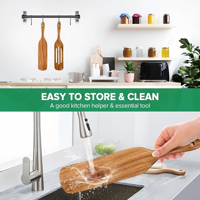 Teak Wood Sourdough Bread Baking Supplies,13.2” Wooden Spatula Spoons Utensil Set for Cooking, Skinny Spurtles for Sourdough Starter Jar Reaching, Mixing, Stirring Spreading Essentials Tools,2 Pcs
