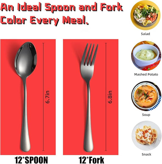 Black Forks and Spoons Silverware Set, KITWARE 24 pieces Flatware Set for 12, Stainless Steel Tableware Cutlery Set for Family, Restaurant, Hotel, Travel, Lunch Box
