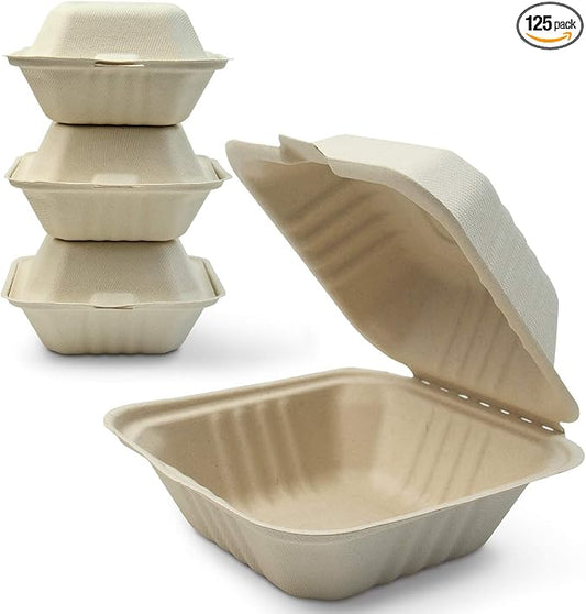 Green Earth, 6-inch, 125-Count, Ribbed Hamburger Compostable Clamshell, BAM Ware (Bamboo Fiber), Take-Out/to-Go Food Boxes - Biodegradable Containers, Hinged Lid Microwave-Safe Gluten-Free