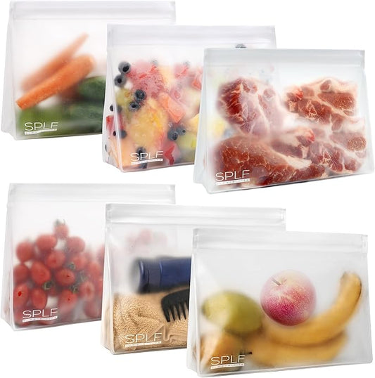 SPLF 6 Pack Dishwasher Safe Reusable Half Gallon Freezer Bags, Reusable Food Storage Bags, BPA FREE Stand Up Extra Thick Leakproof Silicone and Plastic Free Zipper Sandwich Snack Lunch Bags