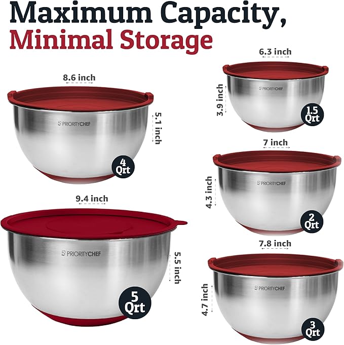 Priority Chef 28Pc Stainless Steel Mixing Bowls with Lids Set, Non-Slip Base, Air Tight Lids, 3 Graters and Utensil Set, Large Metal Nesting Bowls for Kitchen, Red