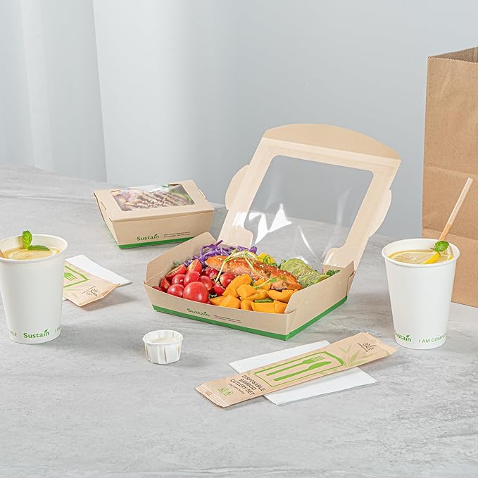 Restaurantware-Sustain 40 Ounce Sturdy Paper Take Out Boxes, 50 Disposable Take Out Food Containers - With PLA lining, Clear PLA Window, Bamboo Paper Containers, Compostable, Tab-Lock Design