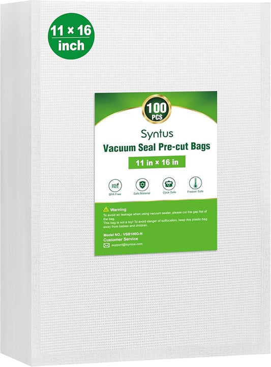 Syntus Vacuum Sealer Bags for Food, 100 Count Gallon 11" x 16" Commercial Grade PreCut Bag, BPA Free Food Vac Bags for Storage, Meal Prep or Sous Vide