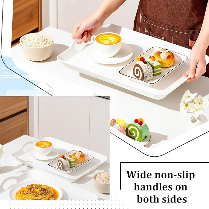 6 Pcs Serving Trays with Handles Trays for Eating 16 x 11 Inch Multi Purpose Plastic Tray Rectangular Anti Skid Decorative Food Tray for Restaurant Breakfast Countertop Party Kitchen (White)