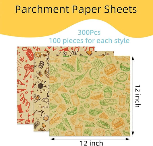 Food Paper Sheets 12"x12" - 300Pcs Paper Liners for Plastic Food Basket, Premium Deli Sandwich Wrappers, Best Kraft Food Wrapping Paper Sheets for Picnic, Festival, Fair or BBQ.