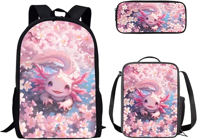 Dolyues Pink Cherry Blossom Axolotl 3-Piece Girls Backpack Set - Adorable 17-Inch School Backpack with Insulated Lunch Box and Zipper Pencil Case for Girls