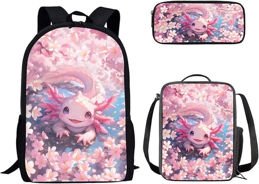 Dolyues Pink Cherry Blossom Axolotl 3-Piece Girls Backpack Set - Adorable 17-Inch School Backpack with Insulated Lunch Box and Zipper Pencil Case for Girls