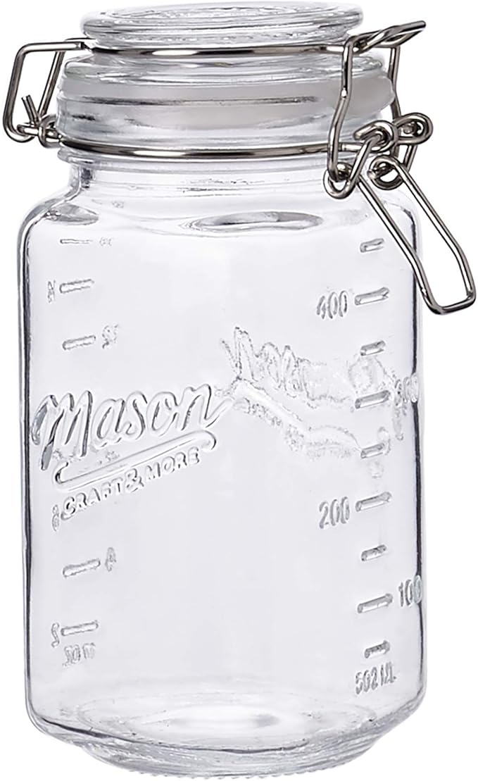 Mason Craft & More Airtight Kitchen Food Storage Clear Glass Clamp Jars, 17 Ounce (0.5 Liter) Tall Mini Clamp Jar