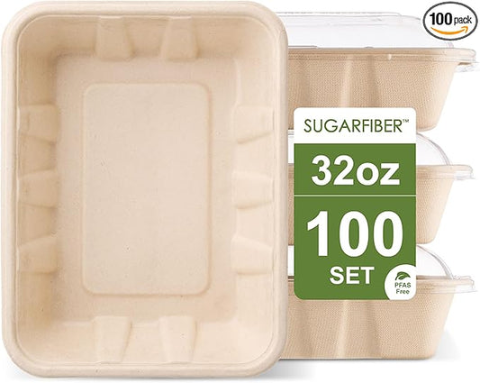 [100 COUNT]Harvest Pack 32 oz PFAS FREE Disposable Food Trays with Dome Lids, Compostable Food Container Bagasse Serving Trays, Rectangle, Made from Sugarcane Eco-Friendly Plant Fibers