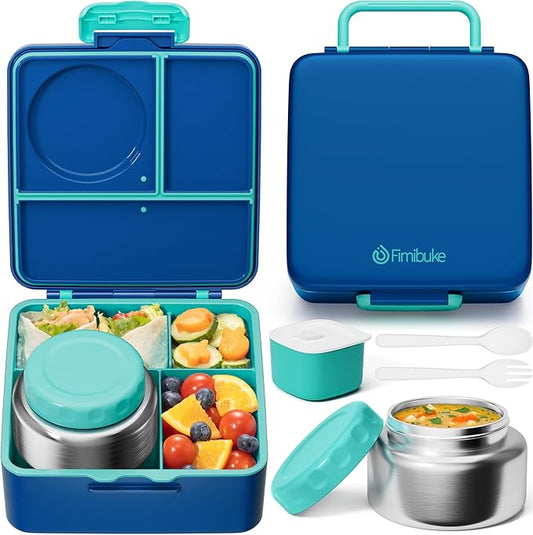 Fimibuke Bento Box for Kids Adult, BPA Free & Leakproof Toddler Lunch Box with 8.5oz Insulated Thermos Food Jar, Utensils & Sauce Jar, Dishwasher Safe 3 or 4 Compartment Container for School Girl Boy
