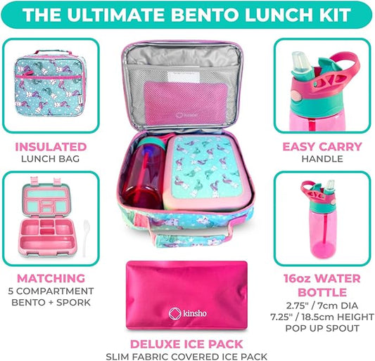 kinsho Bento Lunch Box. Insulated Bag, Water Bottle & Ice Pack Set for Kids, Toddlers, Girls. 5 Portion Sections, Removable Tray, Pre-School Toddler Daycare Lunches, Snack Container, Aqua Cat Mermaid