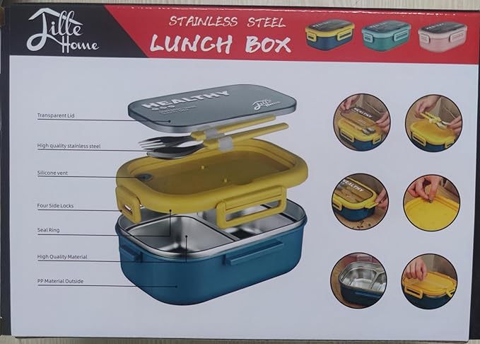 Lille Home 28oz Stainless Steel Leakproof 2-Compartment Bento Lunch Box/Portion Control Food Container with Lunch Bag and Cutlery Set, BPA Free (Blue)