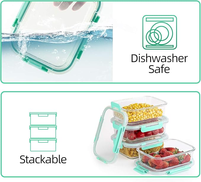 24-Piece Glass Food Storage Containers - Airtight Snap Locking Lids, See-through Borosilicate Glass Meal Prep Containers, Great On-The-Go Glass Lunch Boxes, Fridge, Microwave, Dishwasher Safe