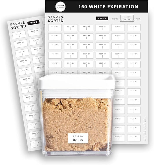 SAVVY & SORTED Expiration Date Pantry Labels, 160 Waterproof Food Expiration Date Labels for Containers, Kitchen Labels for Food Freshness, Use by Meal Prep Labels, Best By Write On Labels