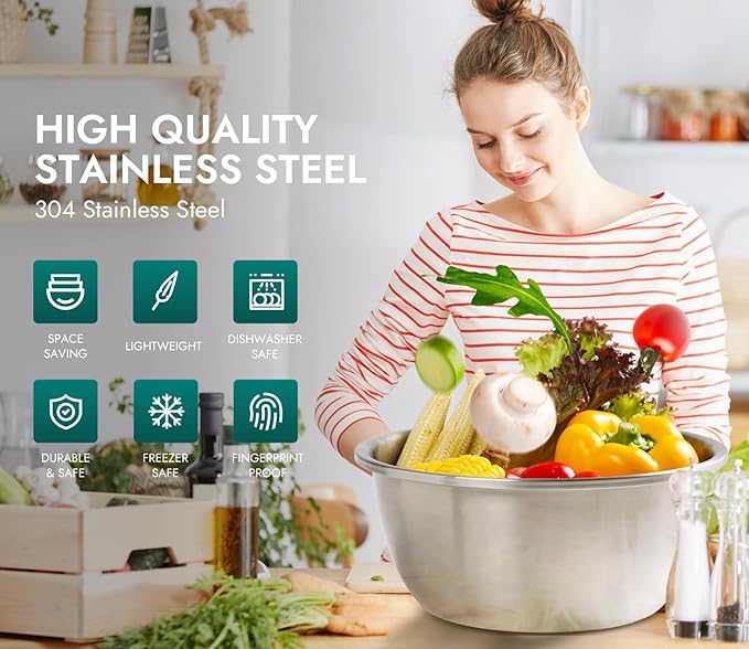 Enther Mixing Bowls - Set of 3 Stainless Steel Mixing Bowls with 304 Stainless Steel - Heavy Duty, Easy To Clean, Nesting Bowls Space Saving Storage, Great for Cooking, Baking, Salad,Silver