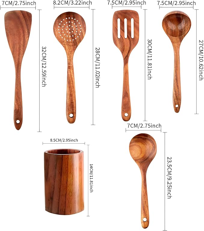 6 Piece Wooden Cooking Spoons – Wooden Cooking Utensils Set with Wood Barrel, Teak Non-Stick Kitchen Cookware