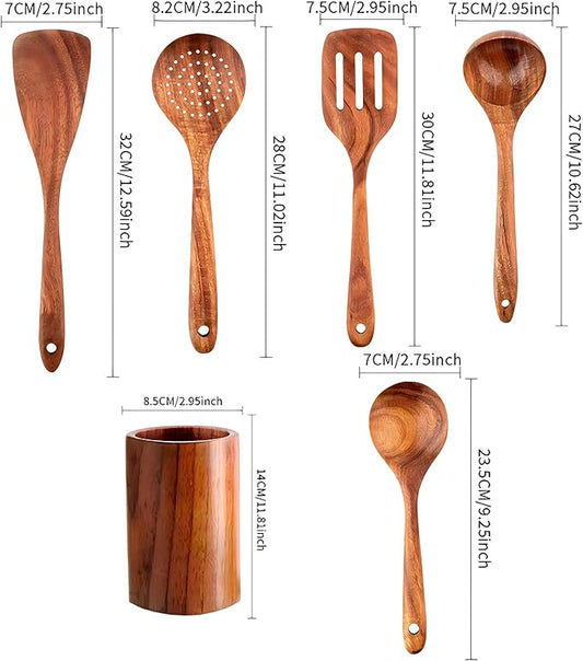 6 Piece Wooden Cooking Spoons – Wooden Cooking Utensils Set with Wood Barrel, Teak Non-Stick Kitchen Cookware