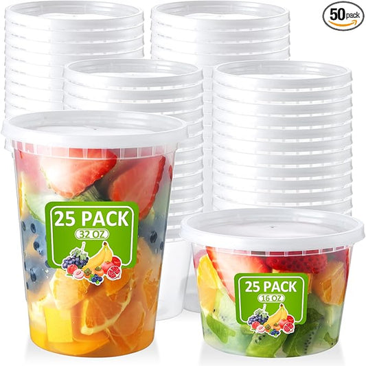 50 Set Deli-Containers-with-Lids: [16oz 32oz] Combo Plastic-Food-Storage-Containers-with-Lids, Microwaveable & Freezer Safe To-Go-Containers, Leak-proof Meal-Prep-Containers