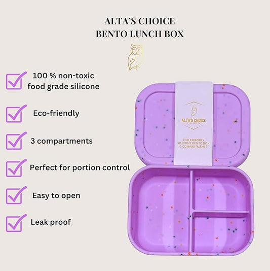 ALTA'S CHOICE SILICONE BENTO LUNCH BOX (LILAC) Leak-Proof Lunchbox, 3 Compartments. BPA, Phthalate, Lead, & PVC Free. Bento Lunch Box for Kids and Adults. Microwave, Dishwasher Safe, Reusable.
