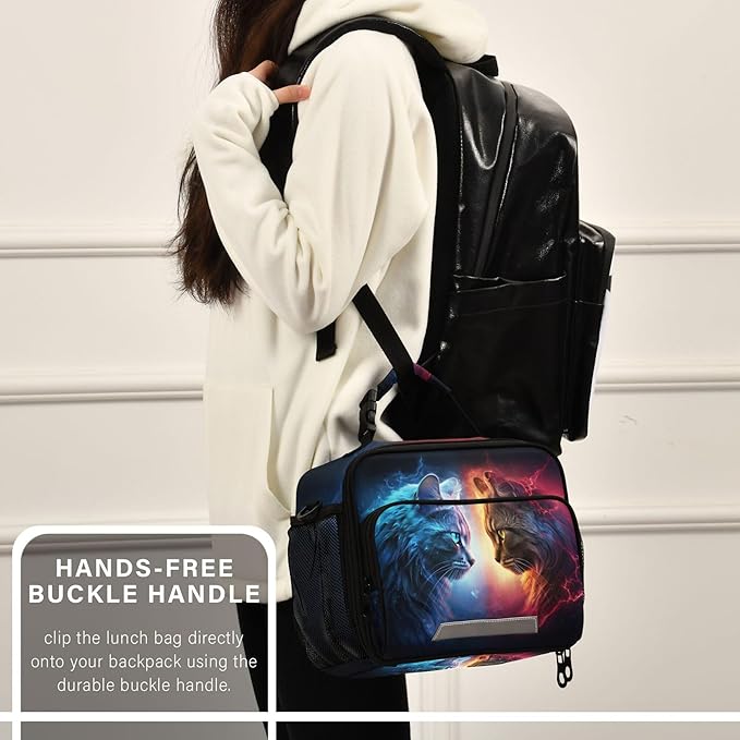 MNSRUU Student Lunch Bag Cat Lightning Insulated DinnerTotes Picnic Bag Lunch Box with Adjustable Shoulder Strap for Teen Kids Adults