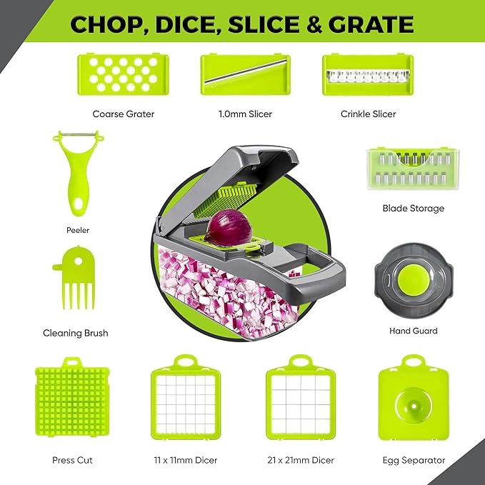 Fourteen Homes Vegetable Chopper with Container - Cheese Grater - Mandoline Slicer for Veggies, Onions, Fruit, Potatoes - Salad Slicer -14 in 1 Veggie Chopper