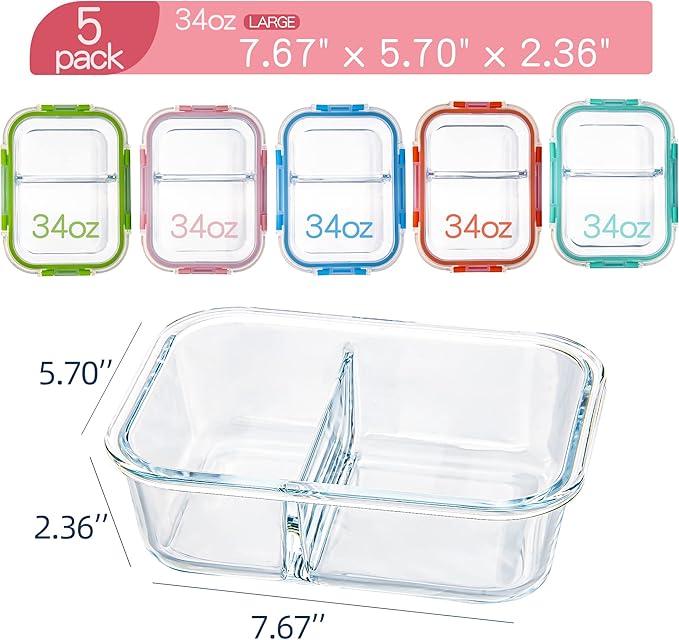 Glass Meal Prep Containers 2 Compartment with Lids (5 Pack, 34oz), Divided Glass Storage Containers for Lunch at Work, Leak-Proof Portion Control Food Containers, Microwave/Dishwasher Safe