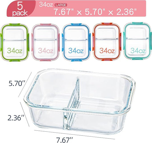 Glass Meal Prep Containers 2 Compartment with Lids (5 Pack, 34oz), Divided Glass Storage Containers for Lunch at Work, Leak-Proof Portion Control Food Containers, Microwave/Dishwasher Safe