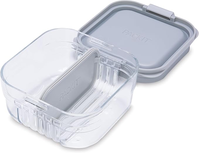 PackIt Mod Snack Bento Food Storage Container, Steel Gray, Shatterproof Crystal Clear Base, with Leak-resistant Dividers and Lid, Microwavable, Dishwasher Safe, Perfect for Snacks