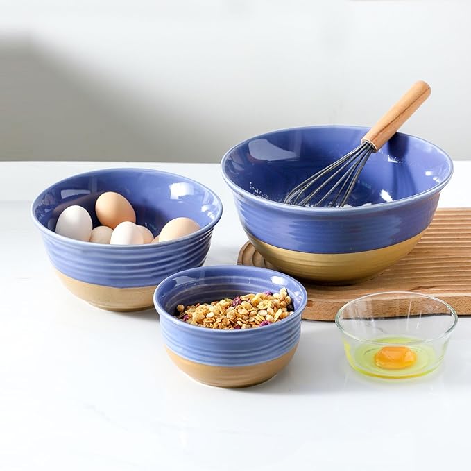 Hasense Mixing Bowls, Stoneware Large Serving Dishes for Entertaing Set of 3, 84/40/20 OZ Bowls for Kitchen, Nesting Salad Bowls for Prepping Soup Popcorn Cooking, Dishwasher Microwave Safe, Purple