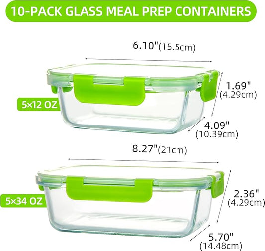 10 Pack Glass Food Storage Containers with Airtight Lids, Ideal for Meal Prep, Lunches - Microwave and Dishwasher Safe, Green