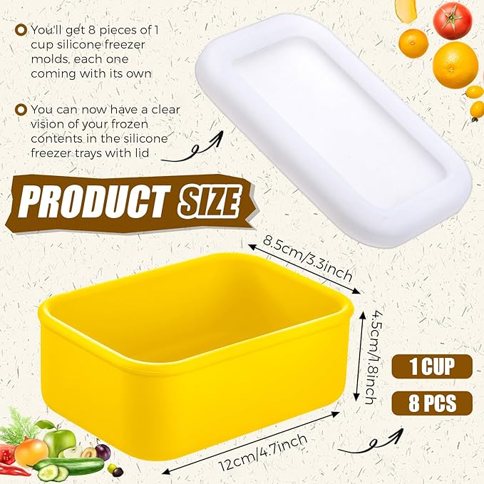 Nuogo 8 Pcs 1 Cup Silicone Freezer Trays with Lid Silicone Soup Molds Rectangle Soup Freezer Containers Reusable Food Preserving Tray Ice Trays for Soups Sauces Stews(Yellow)