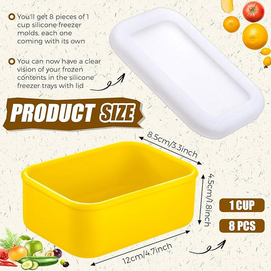 Nuogo 8 Pcs 1 Cup Silicone Freezer Trays with Lid Silicone Soup Molds Rectangle Soup Freezer Containers Reusable Food Preserving Tray Ice Trays for Soups Sauces Stews(Yellow)