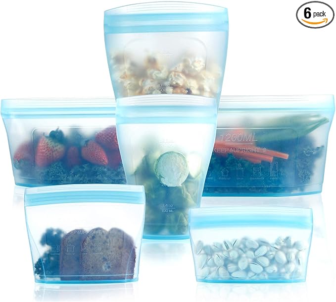 Reusable food container silicone bag, Upgrade second generation 6 Pcs Zip Containers Storage, 100% Silicone Reusable Food Bag, Stand Up Preservation Bag, Rounded interior for easy cleaning.