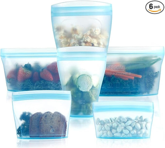 Reusable food container silicone bag, Upgrade second generation 6 Pcs Zip Containers Storage, 100% Silicone Reusable Food Bag, Stand Up Preservation Bag, Rounded interior for easy cleaning.