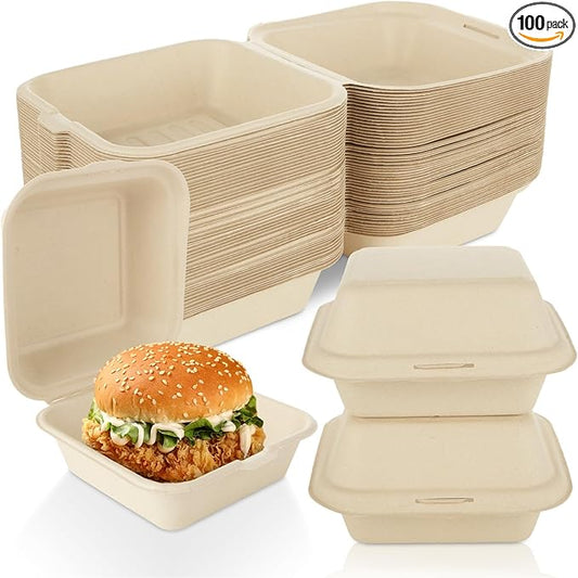 CYEAH 100 Pack Compostable Square Hinged Container, 5 X 5 Disposable Square Small Lunch Box Takeout Containers with Lid, Single Compartment Clamshell Takeout Box for Burger, Sandwiches, Salad