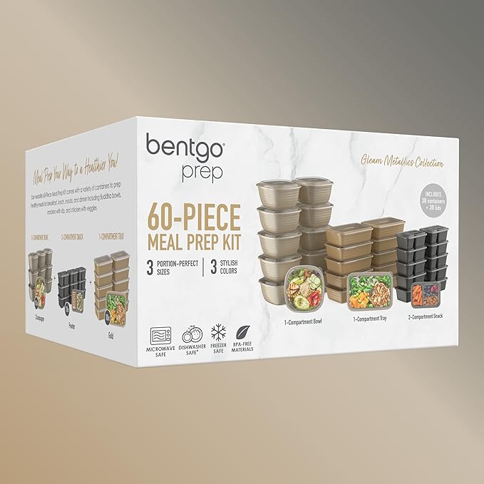 Bentgo Prep 60-Piece Variety Meal Prep Kit - Reusable Food Containers 1-Compartment Trays, Prep Bowls, & Snack Boxes for Healthy Eating - Microwave, Freezer, & Dishwasher Safe (Gleam Metallics)