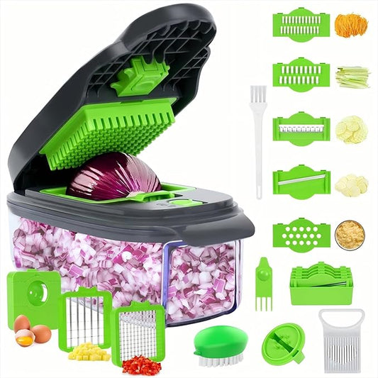 Pro 16 in 1 Vegetable Chopper Food Chopper with 2mm Keto Precision & Military-Grade Concavo-Convex Occlusion Blades (Gray & Green 10in1)