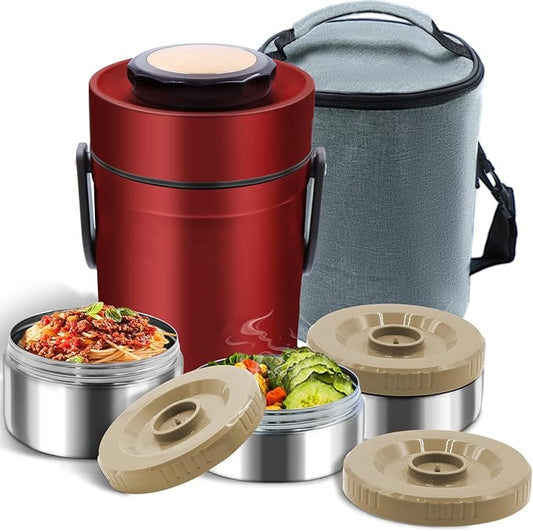 67oz Thermos for Hot Food,3-Layer Sealed Stackable Food Thermos,with Lunch Bag Soup Thermos Wide Mouth,It Is Suitable for Daily Office Meals, and Outdoor Meals (Red)