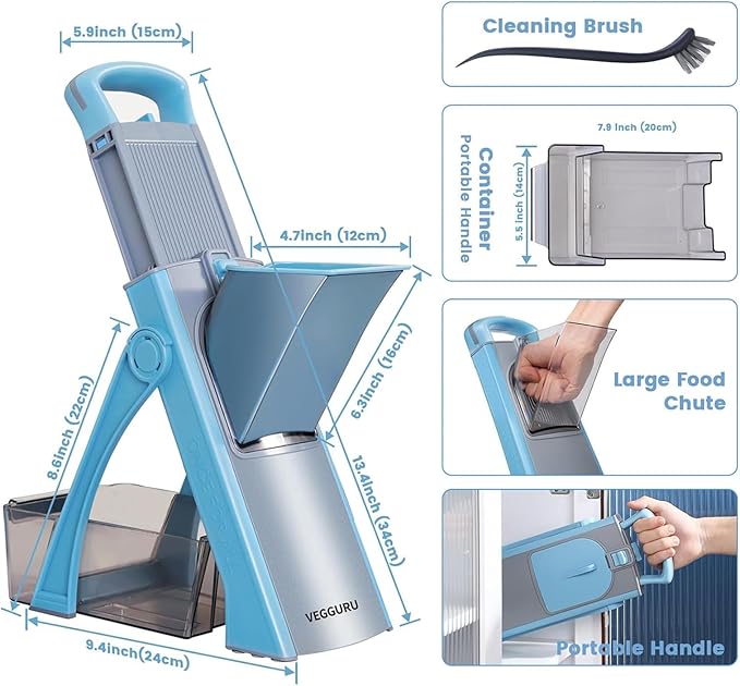 Upgraded Safety Mandoline Slicer, Adjustable Thickness Potato Slicer, French Fries Slicer, 4-in-1 Vegetable Slicer, Removable Easy-to-Clean Kitchen Vegetable Chopper (Blue)