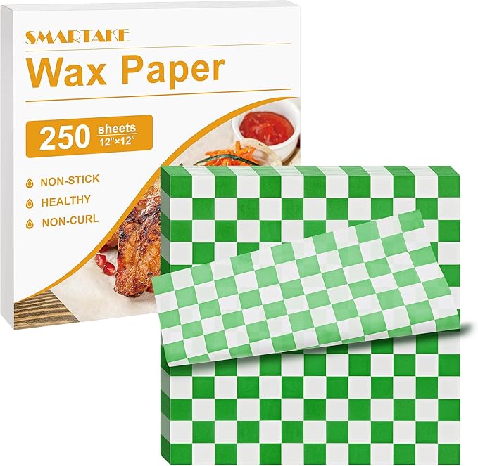 SMARTAKE 12 x 12 Inches Wax Paper for Food, 250 Pcs Non-Stick Hamburger Patty Paper, Square Sandwich Separators Wrapping Paper, for Lunch, Restaurants, Barbecues, Picnics, Parties, Green Plaid