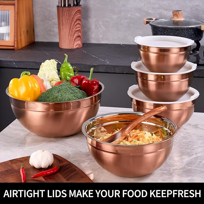 Rose Gold Mixing Bowls with Lids Set of 5, Stainless Steel Nesting Bowl with Khaki Lid for Non-slip Mixing Prepping Storing Serving, 5 Sizes-5.5/3.6/2.7/2.1/1.5 QT