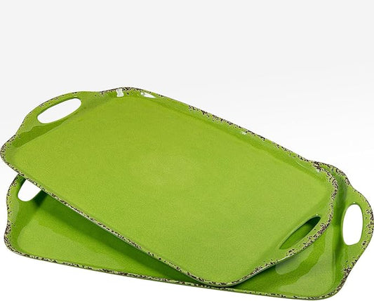 Large Melamine Serving Trays for Eating, 19'' x 12'' Serving Platter for Turkey, Christmas,Appetizer, Charcuterie, Food, Snack, Cupcakes, Dessert, Dishwasher Safe Tray, Set of 2, Green