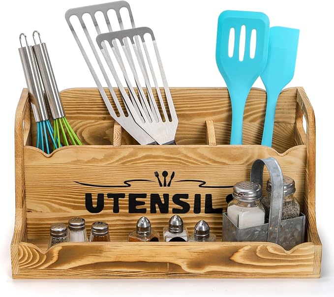 15" Kitchen Utensil Holder with Spice Bottles Tray, Extra Large Wood Countertop Utensil Organizer with Handles, 4 Compartment Cooking Tool Storage Caddy for Home Decor Gift