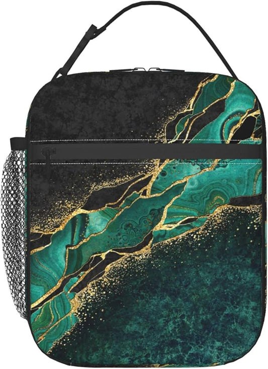YETTA YANG Marble Black Green Gold Portable Lunch Bag Insulated Lunch Box Reusable Totes For Women Men Work Picnic Camping