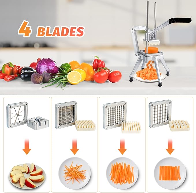 Commercial Vegetable Chopper w/4 Replacement Blades Stainless Steel French Fry Cutter Onion Potato Dicer & Slicer Chopper Vegetable Fruit Cutter for Restaurants & Home Kitchen