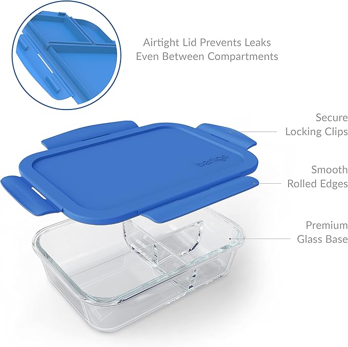 Bentgo Glass Lunch Box - Leak-Proof Bento-Style Food Container with Airtight Lid and Divided 3-Compartment Design - 5 Cup Capacity for Meal Prepping, and Portion-Controlled Meals for Adults (Blue)