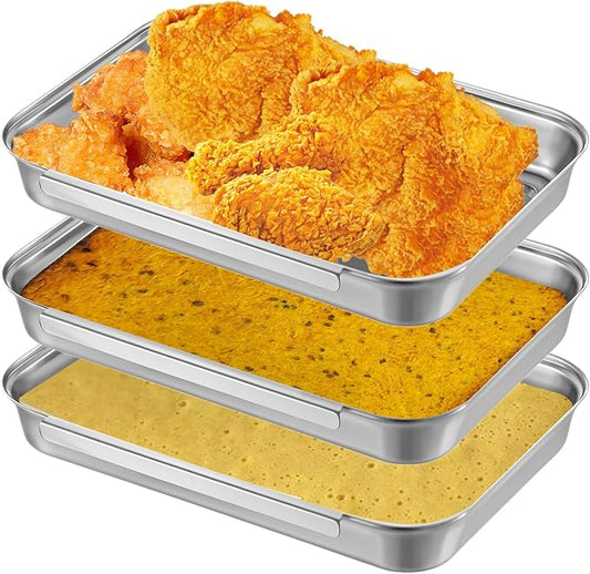 3 Pcs Breading Trays Set, Large Breading Pans, Stainless Steel Breading Set for Marinating Meat, Chicken, Fish, Food Prep Trays, Coating Trays Can Be Used to Baking Cake, Oven Safe