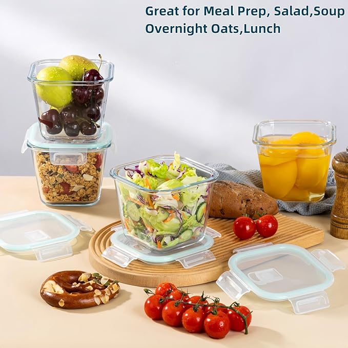 Qxbekmor Glass Soup Container with Airtight Lids, 4 Cup Square Glass Storage Containers, Meal Prep Container for Soup, Leftover, Overnight Oats, Oven, Microwave & Dishwasher Safe (4 Pack)