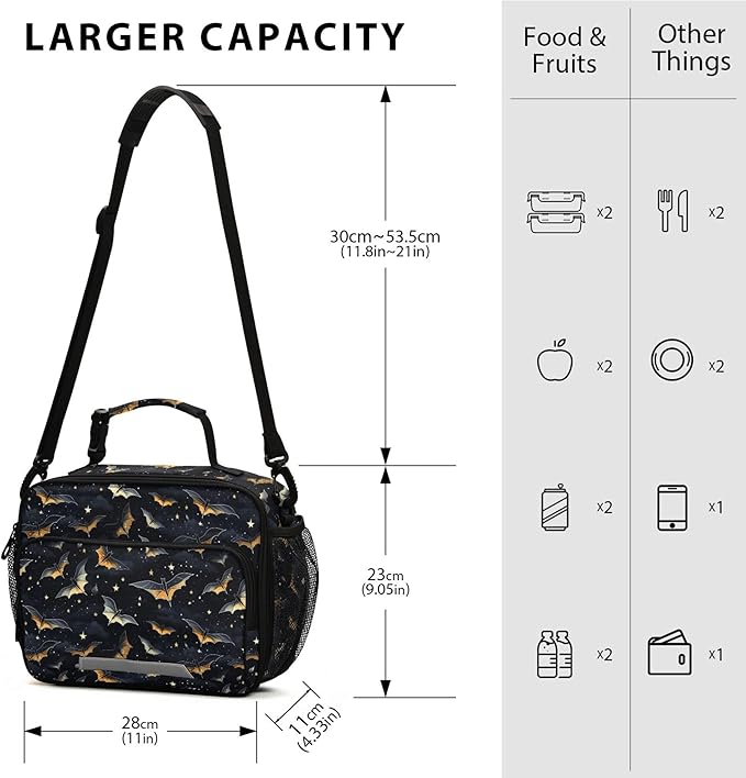 MNSRUU Student Lunch Bag Gothic Skull Bat Insulated DinnerTotes Picnic Bag Lunch Box with Adjustable Shoulder Strap for Teen Kids Adults